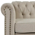 Canapé Chesterfield deux places Morden Fort en lin, capitonné, clouté et pieds en bois massif pour salon