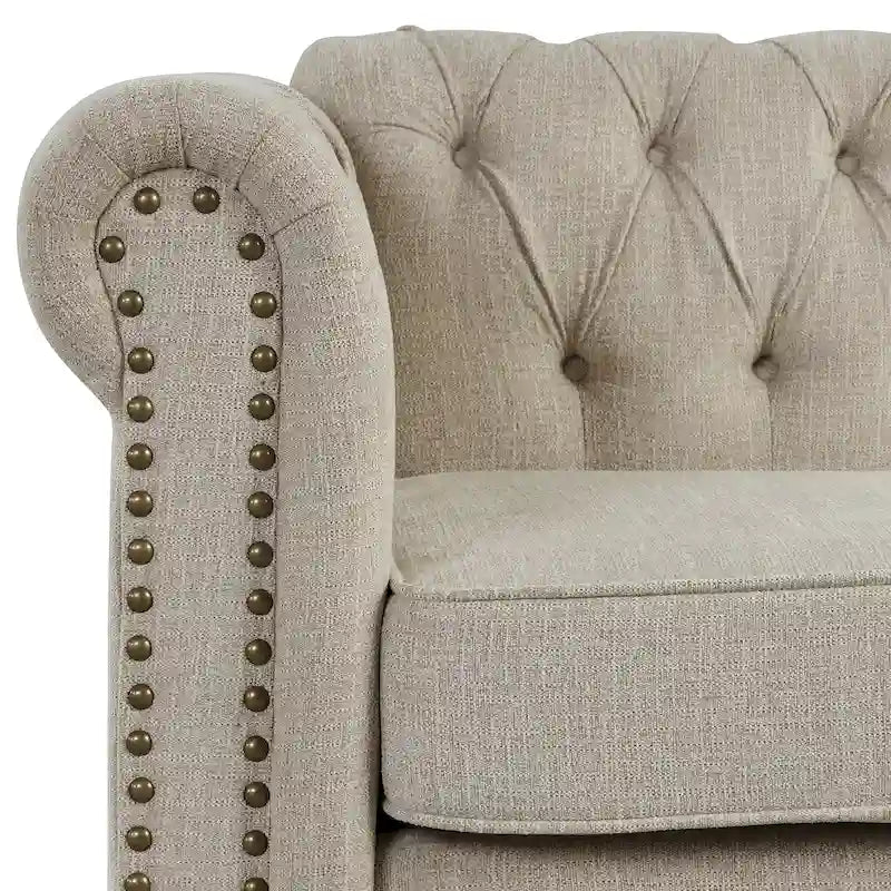 Canapé Chesterfield deux places Morden Fort en lin, capitonné, clouté et pieds en bois massif pour salon