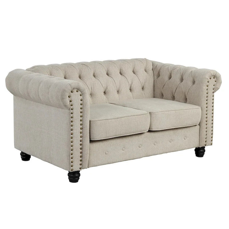 Canapé Chesterfield deux places Morden Fort en lin, capitonné, clouté et pieds en bois massif pour salon