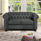 Canapé Chesterfield deux places Morden Fort en lin, capitonné, clouté et pieds en bois massif pour salon