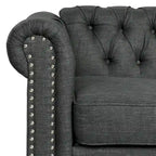 Canapé Chesterfield deux places Morden Fort en lin, capitonné, clouté et pieds en bois massif pour salon