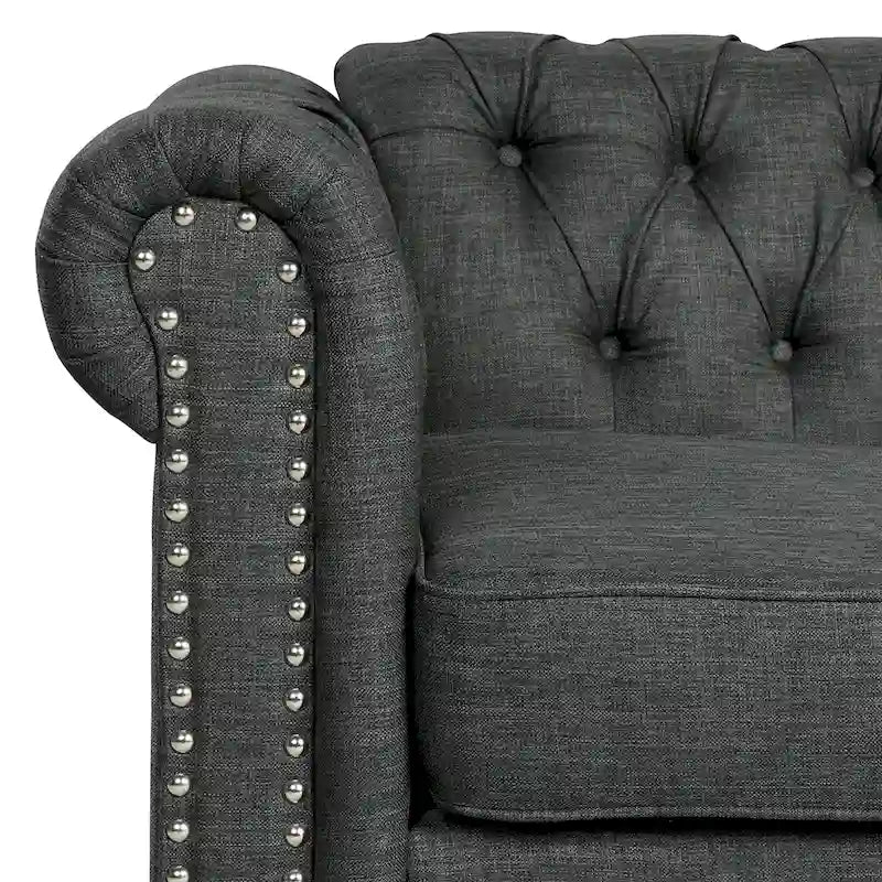 Canapé Chesterfield deux places Morden Fort en lin, capitonné, clouté et pieds en bois massif pour salon