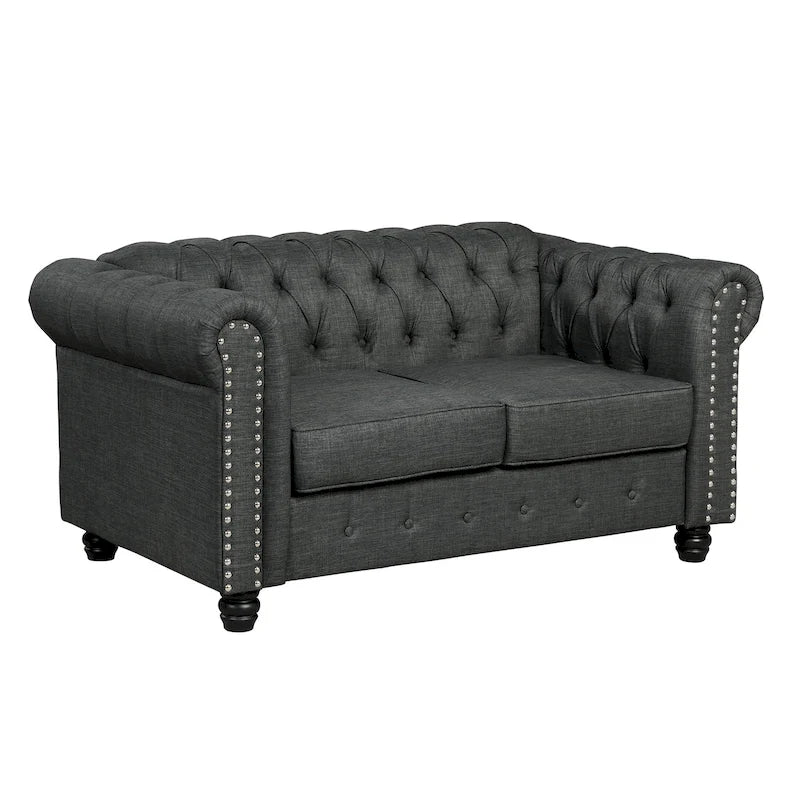 Canapé Chesterfield deux places Morden Fort en lin, capitonné, clouté et pieds en bois massif pour salon