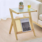 Table d'appoint en bambou avec plateau en verre et porte-revues