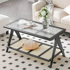 Table d'appoint en bambou avec plateau en verre et porte-revues