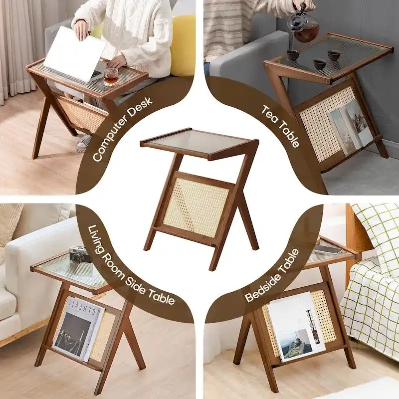 Table d'appoint en bambou avec plateau en verre et porte-revues