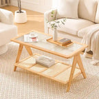 Table d'appoint en bambou avec plateau en verre et porte-revues