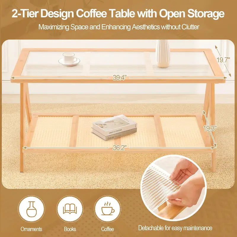 Table d'appoint en bambou avec plateau en verre et porte-revues