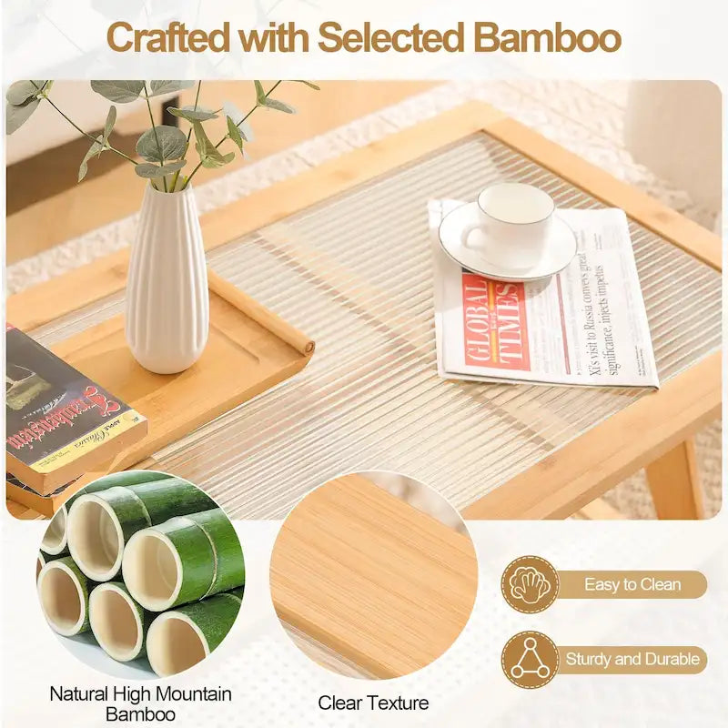 Table d'appoint en bambou avec plateau en verre et porte-revues
