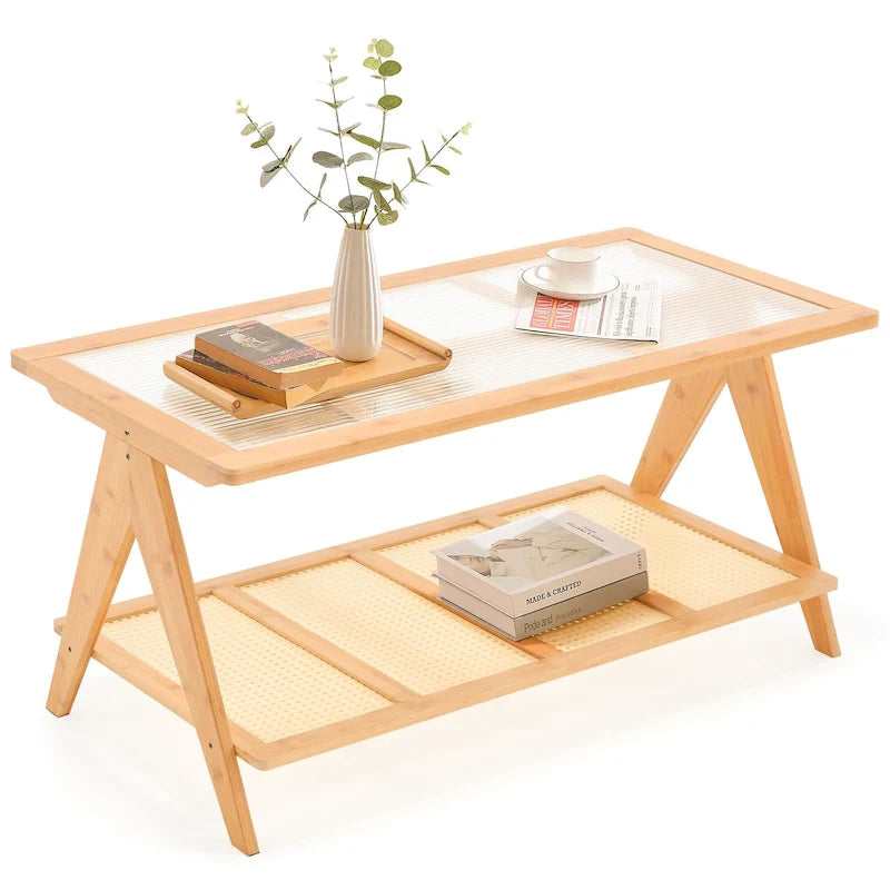 Table d'appoint en bambou avec plateau en verre et porte-revues