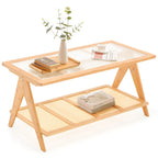 Table d'appoint en bambou avec plateau en verre et porte-revues