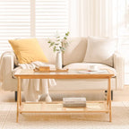Table d'appoint en bambou avec plateau en verre et porte-revues