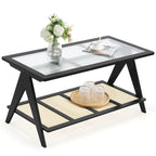Table d'appoint en bambou avec plateau en verre et porte-revues