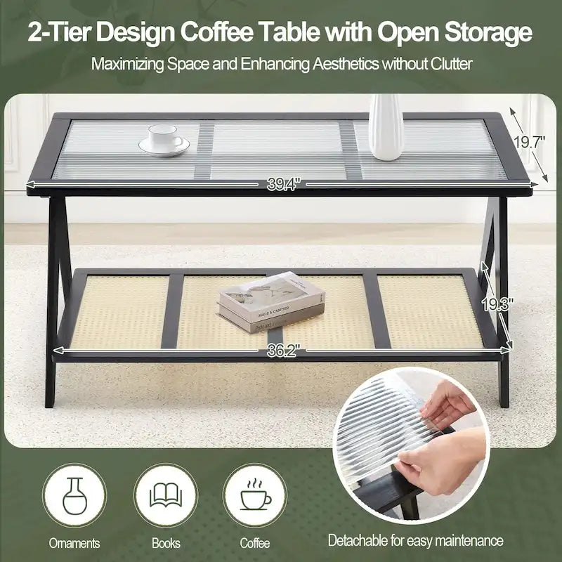 Table d'appoint en bambou avec plateau en verre et porte-revues