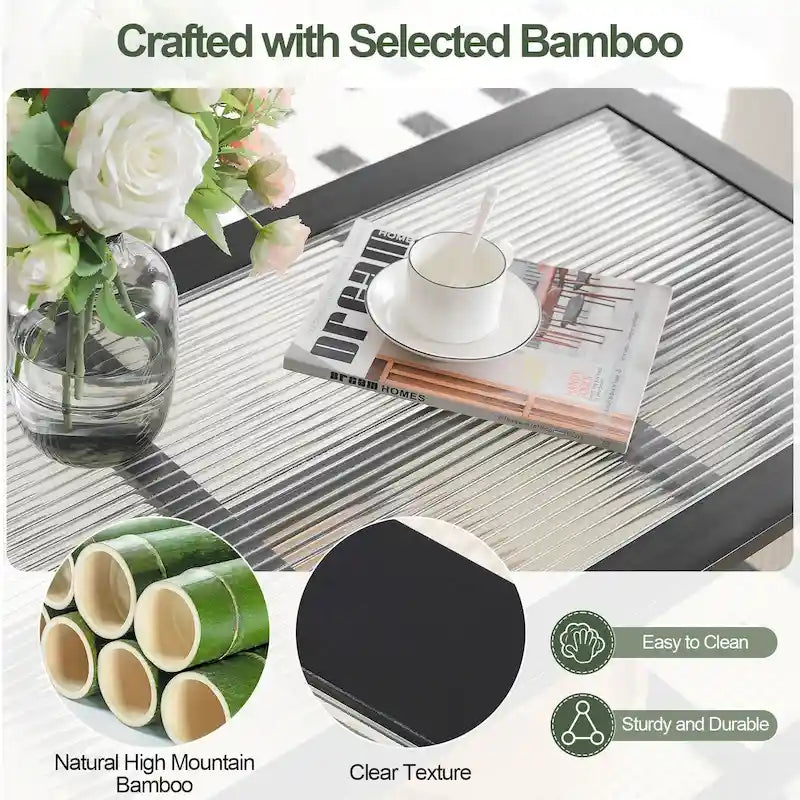 Table d'appoint en bambou avec plateau en verre et porte-revues