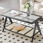 Table d'appoint en bambou avec plateau en verre et porte-revues