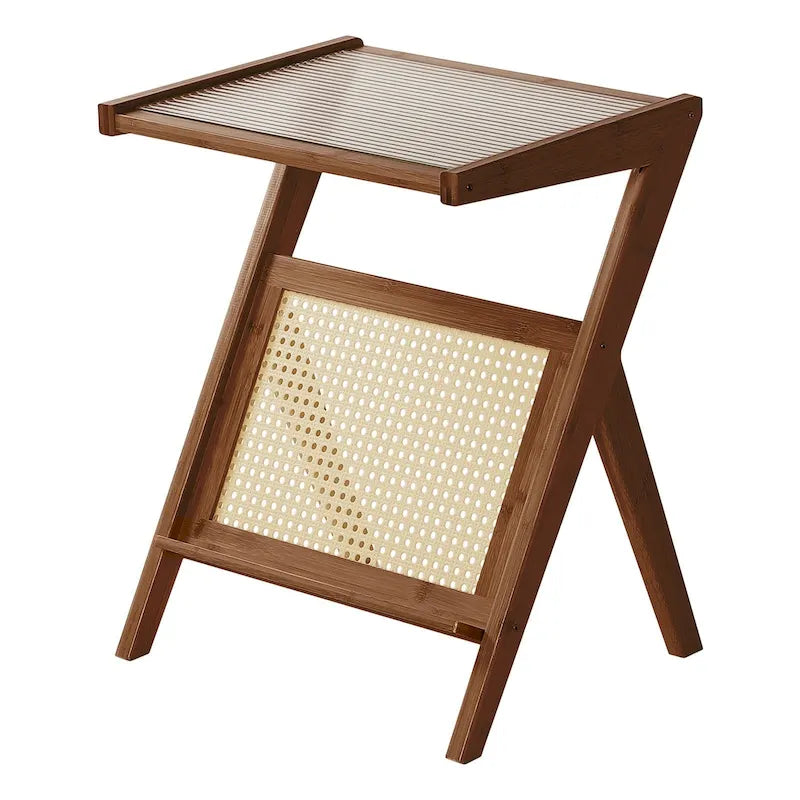 Table d'appoint en bambou avec plateau en verre et porte-revues