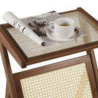 Table d'appoint en bambou avec plateau en verre et porte-revues
