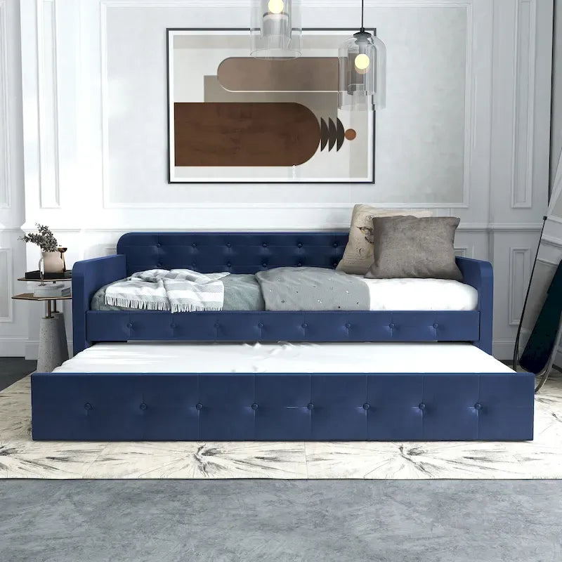 Lit de jour contemporain Menzelle 2 pièces, double, capitonné et rembourré, avec lit gigogne, par Furniture of America