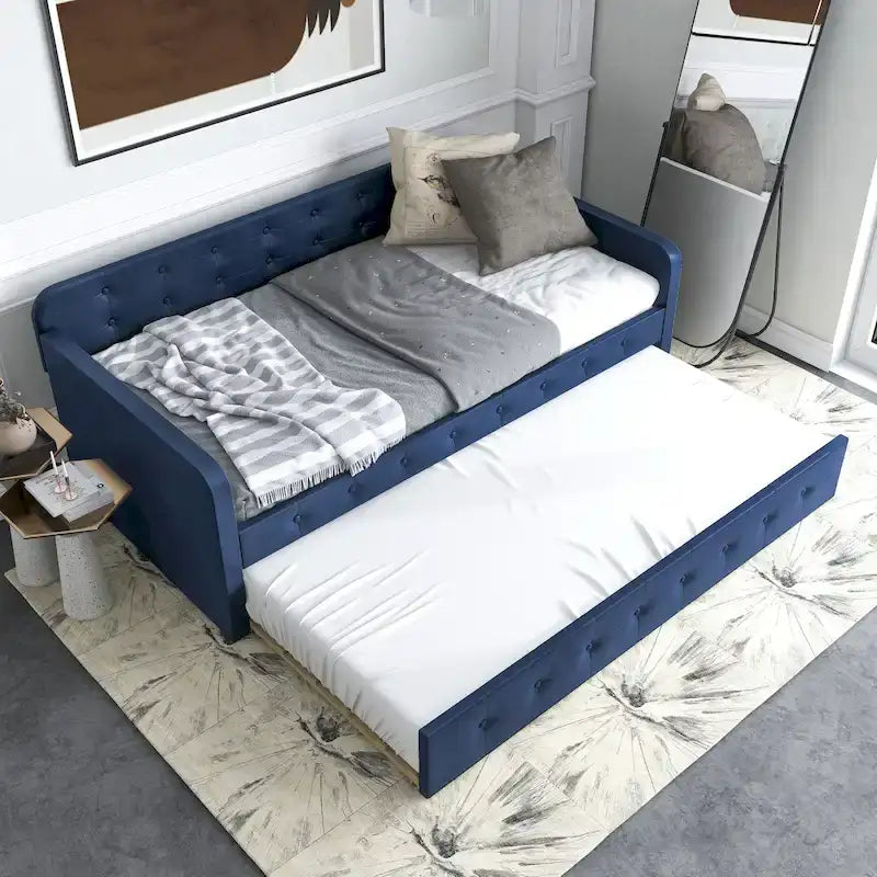 Lit de jour contemporain Menzelle 2 pièces, double, capitonné et rembourré, avec lit gigogne, par Furniture of America