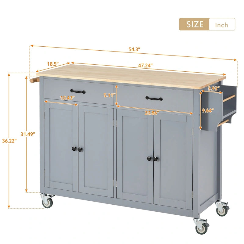 Chariot îlot de cuisine avec plateau en bois massif et roulettes verrouillables
