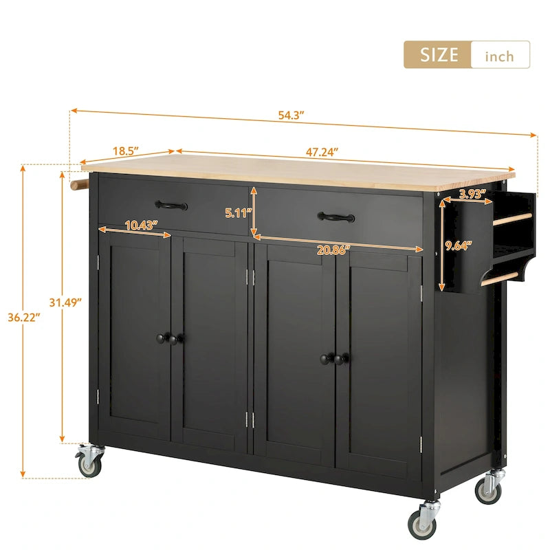 Chariot îlot de cuisine avec plateau en bois massif et roulettes verrouillables