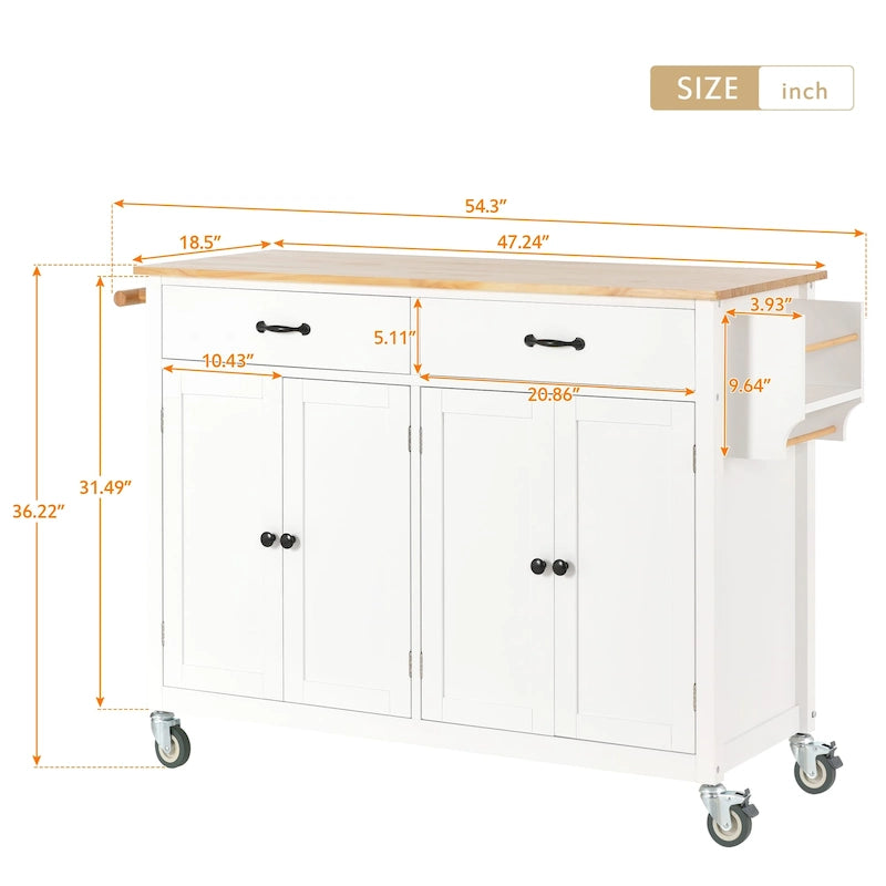 Chariot îlot de cuisine avec plateau en bois massif et roulettes verrouillables
