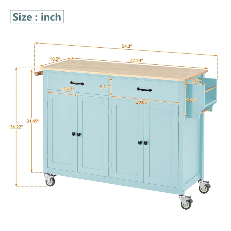 Chariot îlot de cuisine avec plateau en bois massif et roulettes verrouillables