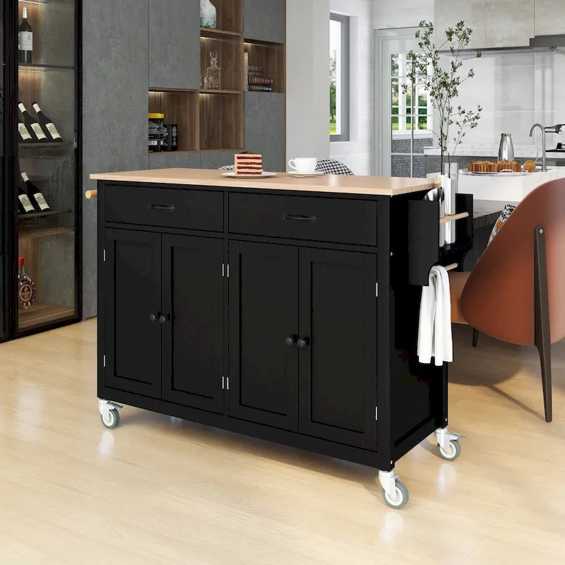 Chariot îlot de cuisine avec plateau en bois massif et roulettes verrouillables
