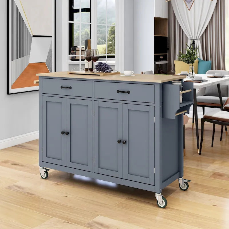 Chariot îlot de cuisine avec plateau en bois massif et roulettes verrouillables