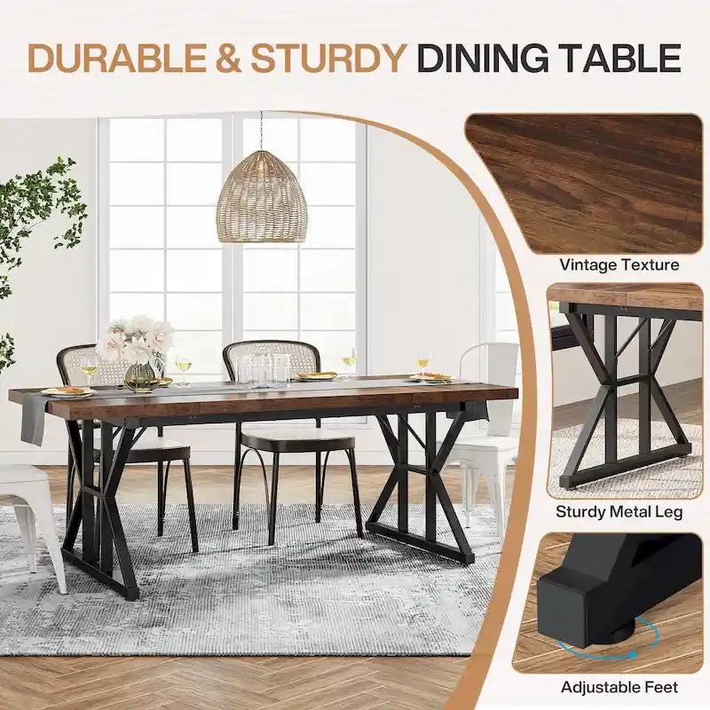 Table de salle à manger de style campagnard pour 6 personnes, table de cuisine rectangulaire en bois de 180 cm (70,8 pouces).