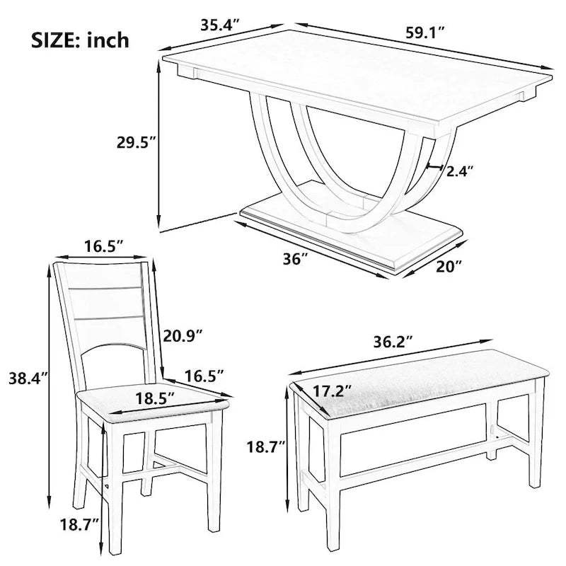 Ensemble de salle à manger demi-ronde en bois 6 pièces avec banc long et 4 chaises