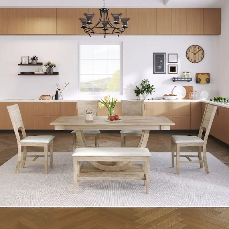 Ensemble de salle à manger demi-ronde en bois 6 pièces avec banc long et 4 chaises