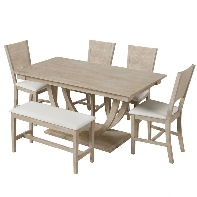 Ensemble de salle à manger demi-ronde en bois 6 pièces avec banc long et 4 chaises