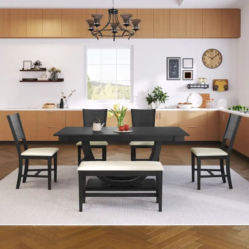 Ensemble de salle à manger demi-ronde en bois 6 pièces avec banc long et 4 chaises