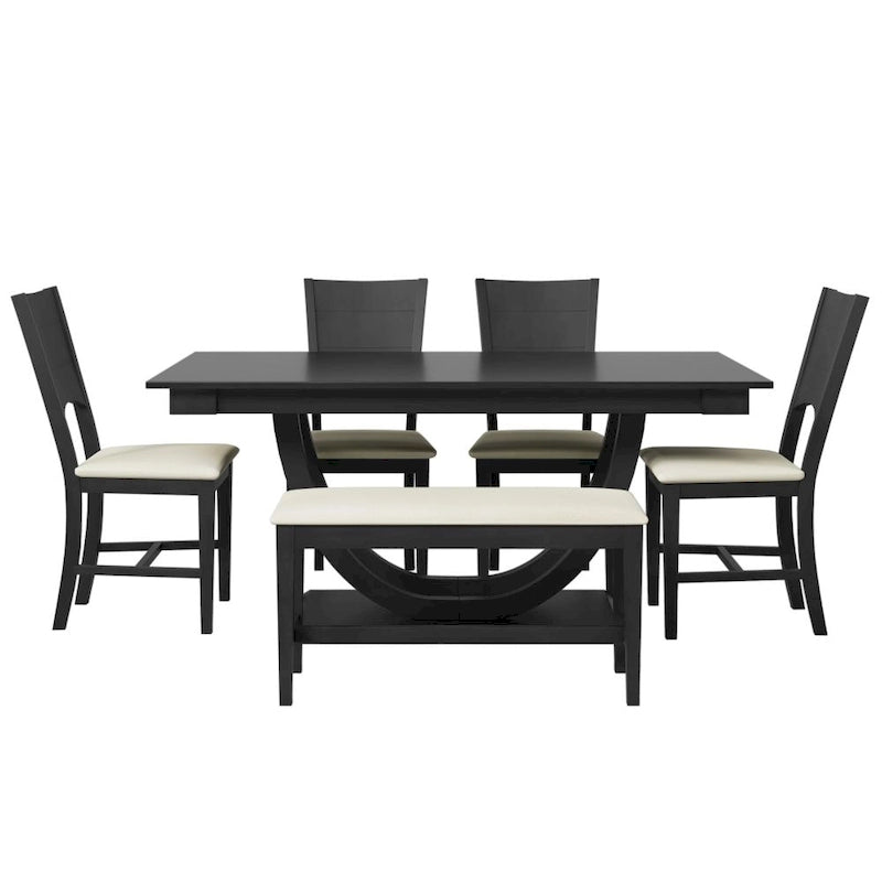 Ensemble de salle à manger demi-ronde en bois 6 pièces avec banc long et 4 chaises