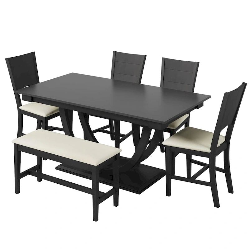 Ensemble de salle à manger demi-ronde en bois 6 pièces avec banc long et 4 chaises