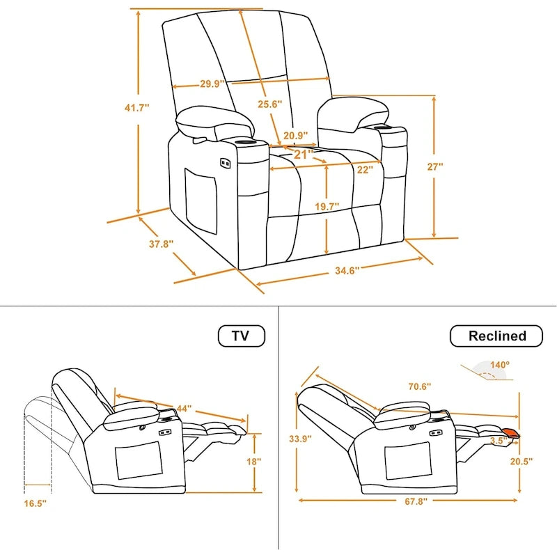 Fauteuil inclinable électrique MCombo avec massage et chauffage, tissu peluche 8015