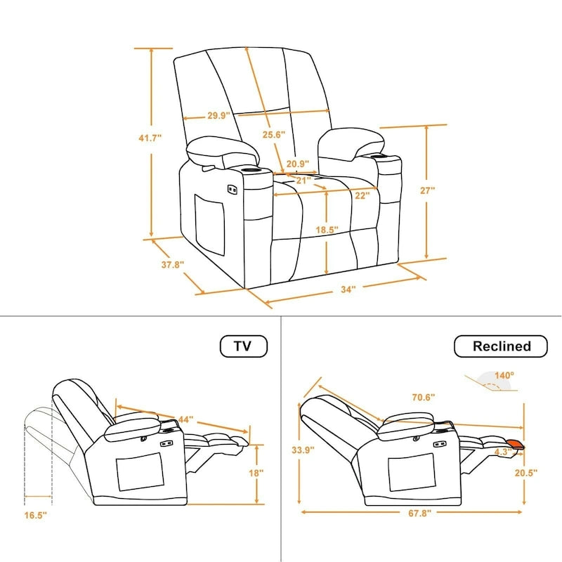 Fauteuil inclinable électrique MCombo avec massage et chauffage, tissu peluche 8015