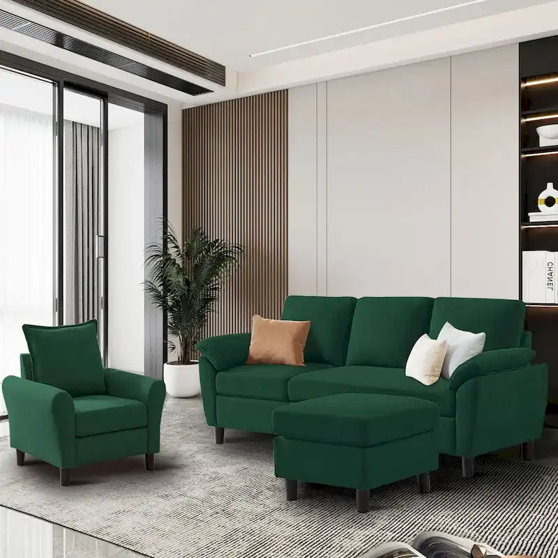 Ensemble canapé d'angle 3 pièces avec fauteuil et pouf