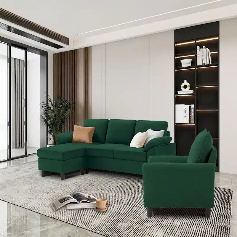 Ensemble canapé d'angle 3 pièces avec fauteuil et pouf