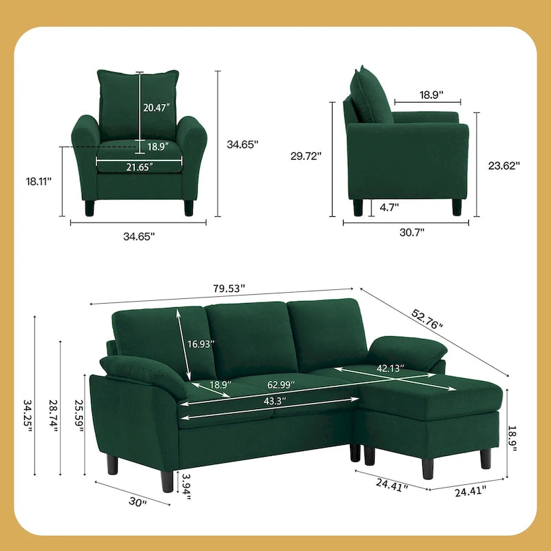 Ensemble canapé d'angle 3 pièces avec fauteuil et pouf