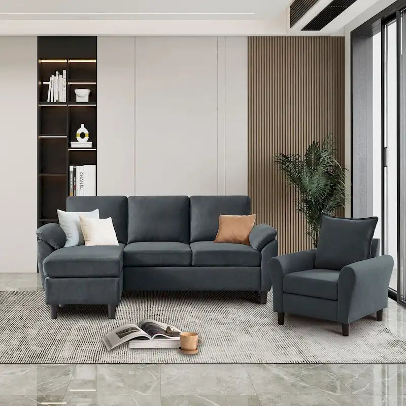 Ensemble canapé d'angle 3 pièces avec fauteuil et pouf