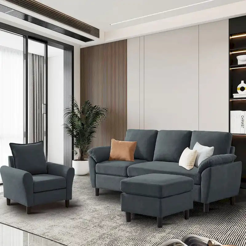 Ensemble canapé d'angle 3 pièces avec fauteuil et pouf