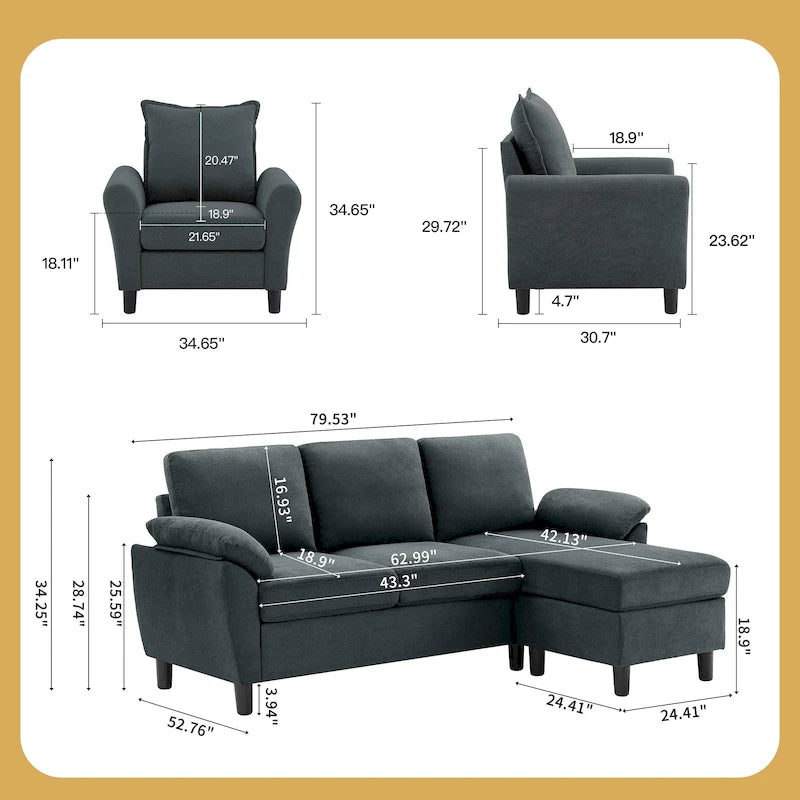 Ensemble canapé d'angle 3 pièces avec fauteuil et pouf