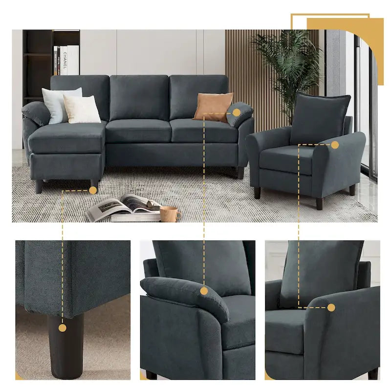 Ensemble canapé d'angle 3 pièces avec fauteuil et pouf