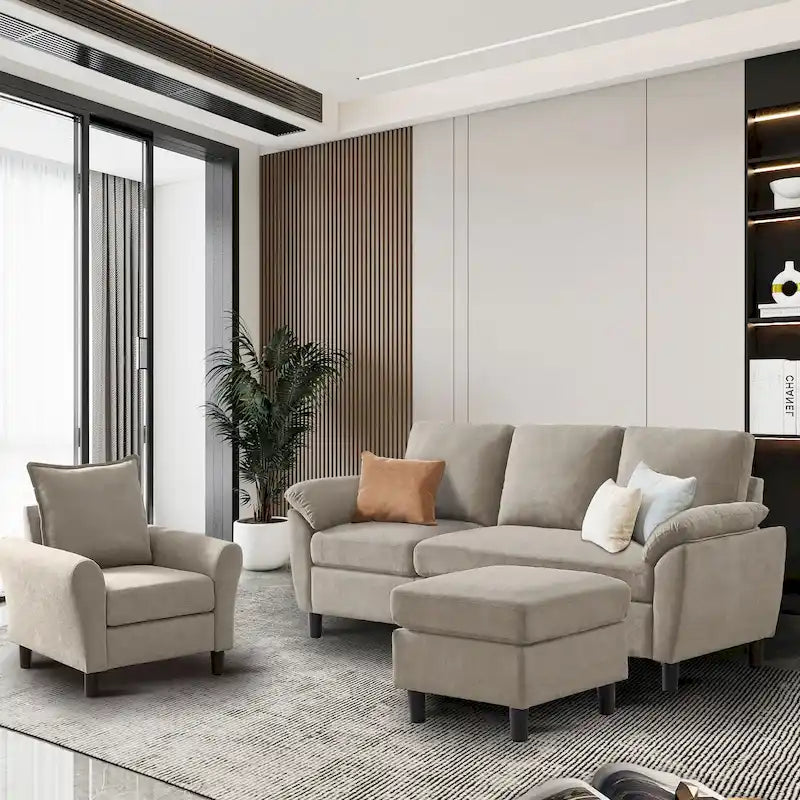 Ensemble canapé d'angle 3 pièces avec fauteuil et pouf