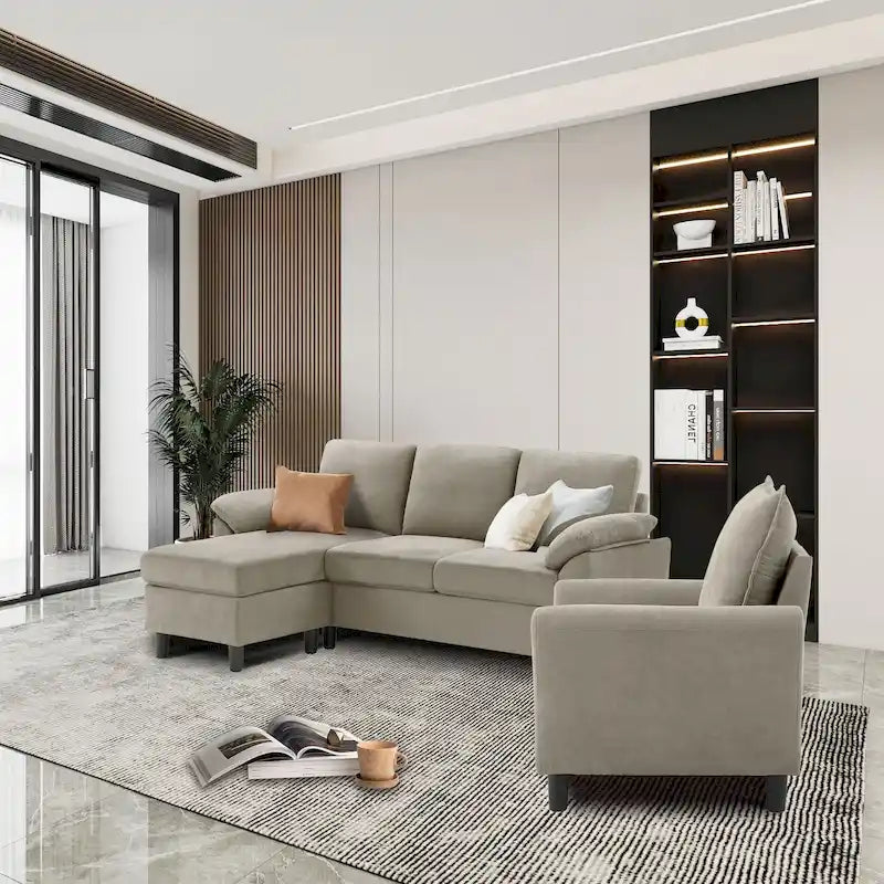 Ensemble canapé d'angle 3 pièces avec fauteuil et pouf