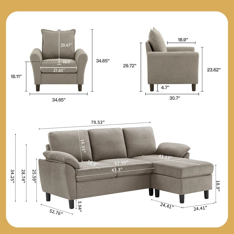 Ensemble canapé d'angle 3 pièces avec fauteuil et pouf