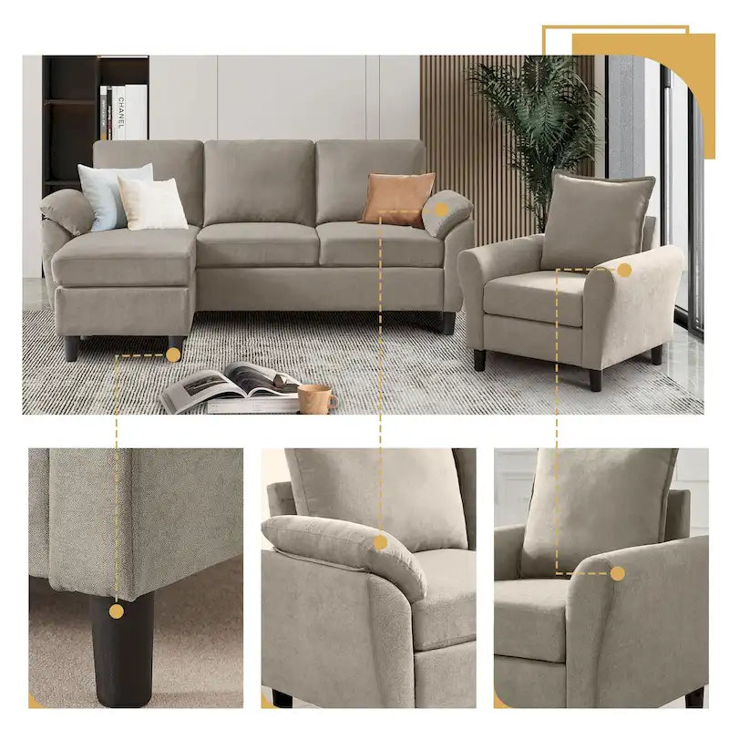 Ensemble canapé d'angle 3 pièces avec fauteuil et pouf